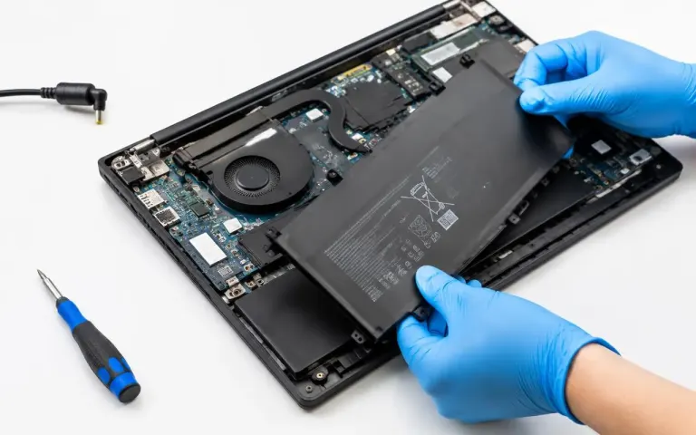 Laptop battery being replaced on the repair bench at Alvyntra, North Dum Dum, Kolkata