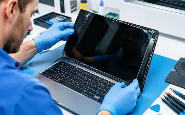 Technician replacing a cracked laptop screen at Alvyntra, North Dum Dum