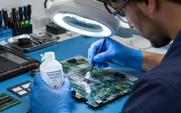 Liquid-damaged laptop motherboard being cleaned at Alvyntra, North Dum Dum, Kolkata