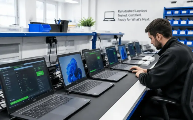 Refurbished 14-inch business laptops lined up on a test bench in Kolkata
